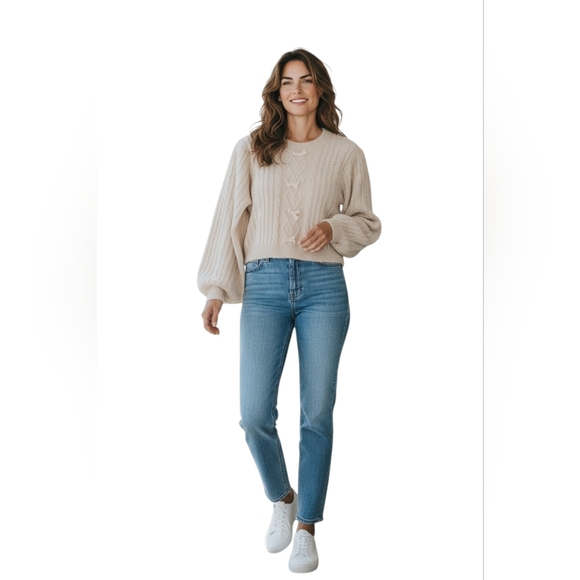 Altar'd State Crop Knit Bow-Accent Sweater in Taupe - Picture 2 of 15